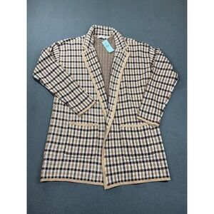LOFT Jacket Womens Small Petite Brown Plaid Knit Open Front Cardigan Coatigan